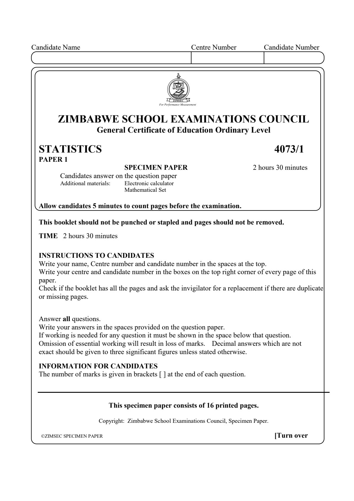 First page of ZIMSEC O-Level Statistics Paper 1 Question Paper