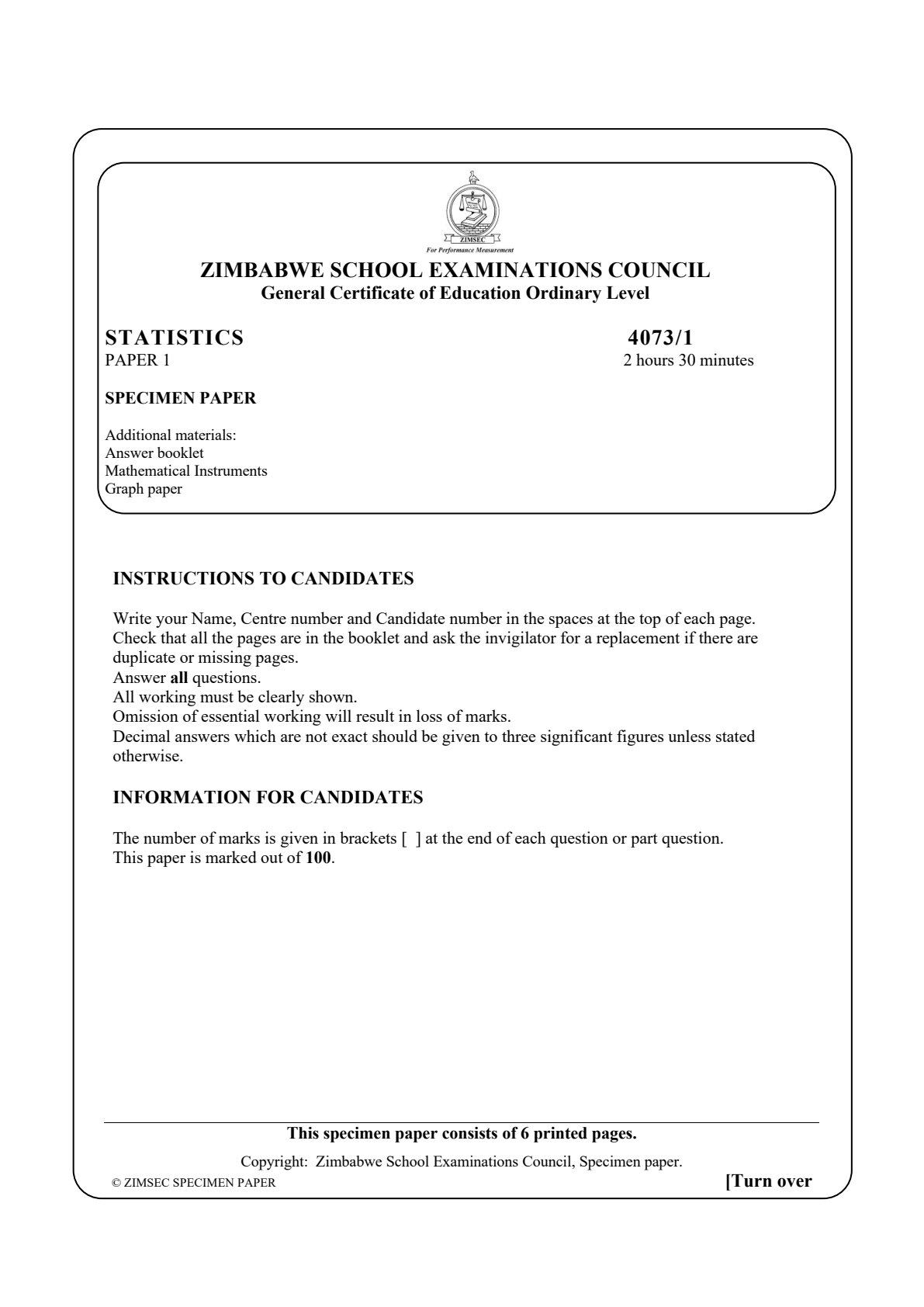 First page of ZIMSEC O-Level Statistics Paper 1 Specimen Question Paper