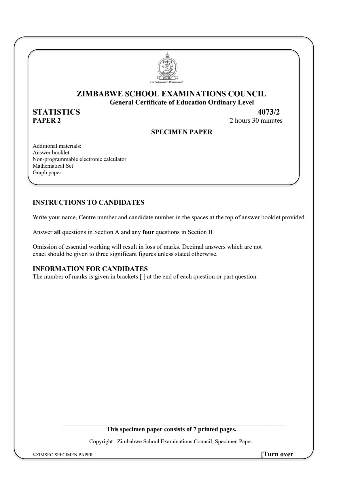 First page of ZIMSEC O-Level Statistics Paper 2 Question Paper
