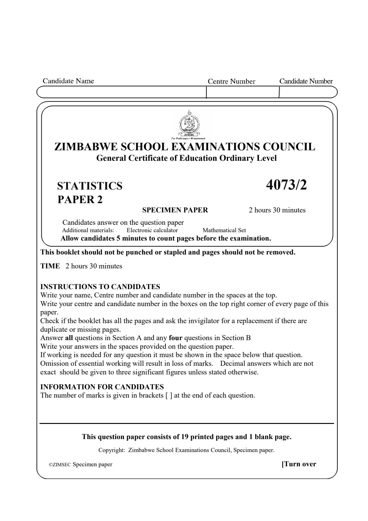First page of ZIMSEC O-Level Statistics Paper 2 Specimen Question Paper