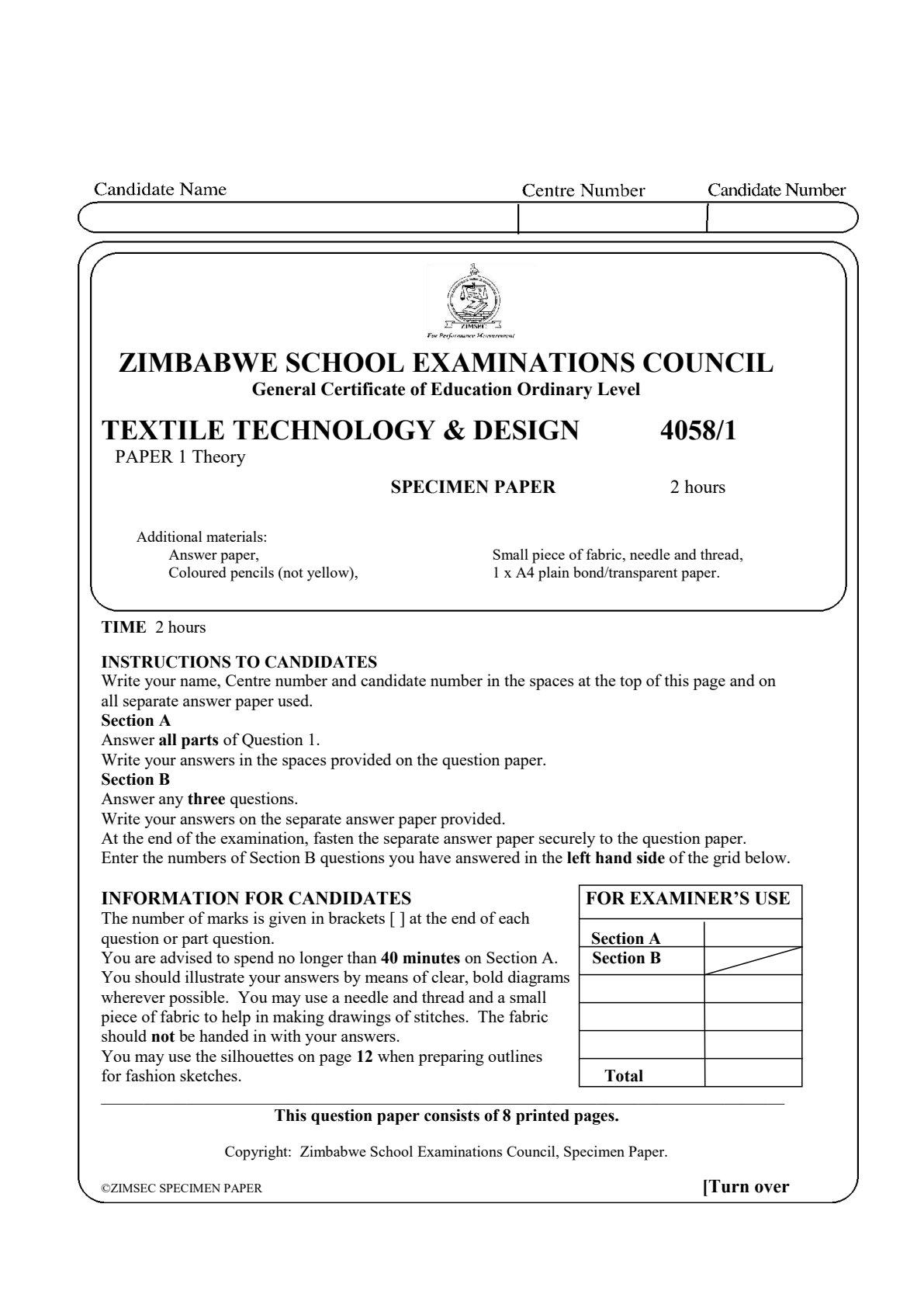 First page of ZIMSEC O-Level Textile Technology & Design Paper 1 Question Paper