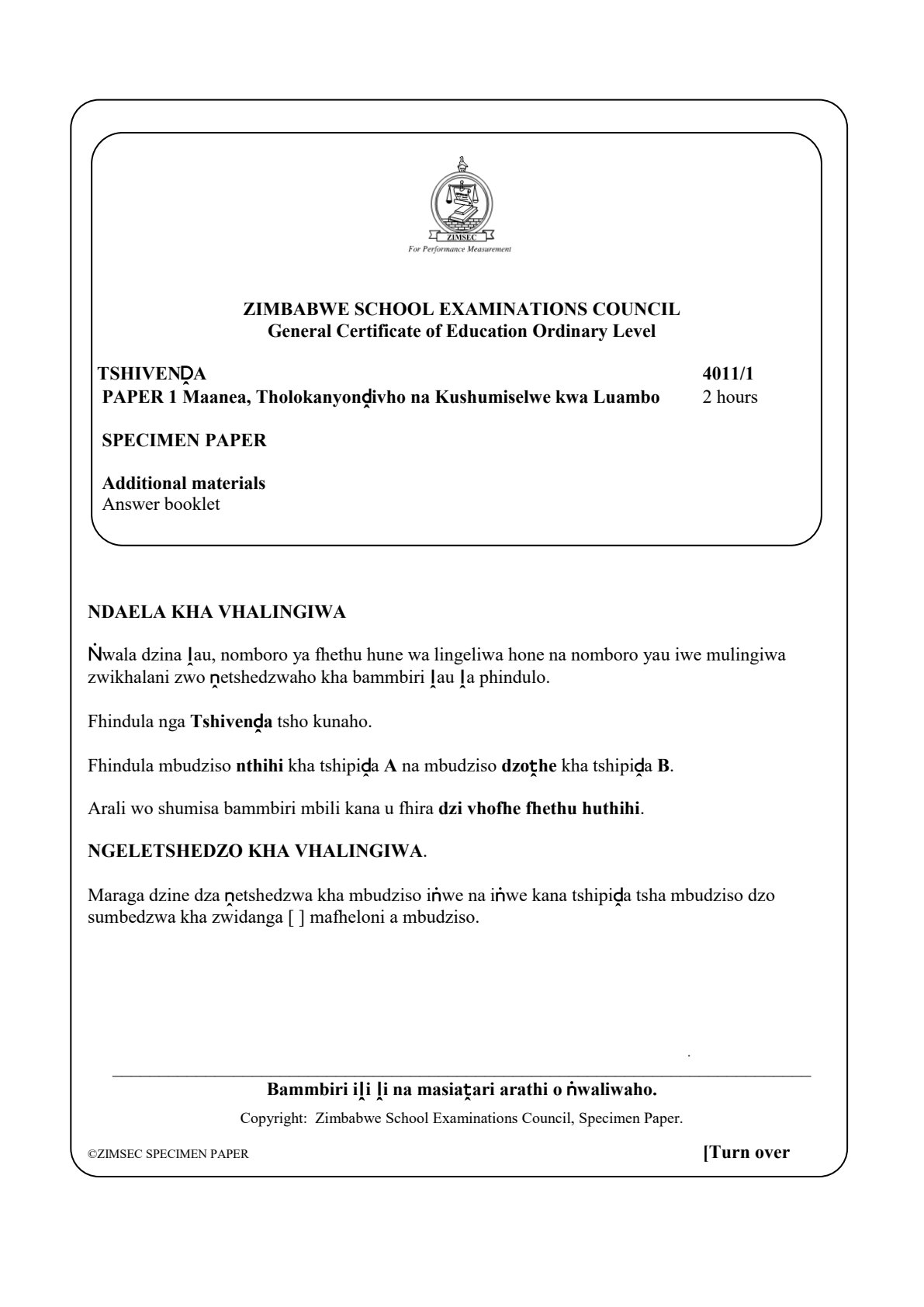 First page of ZIMSEC O-Level Tshivenda Paper 1 Question Paper
