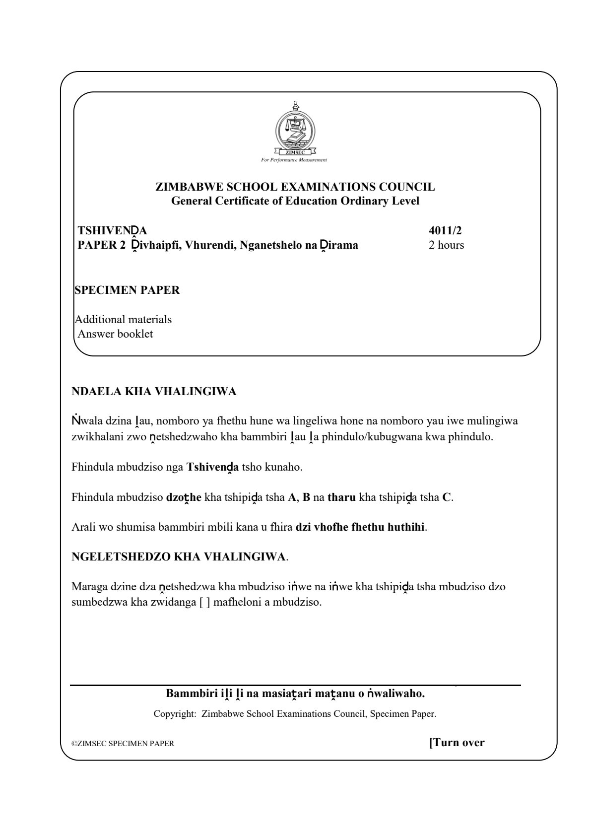 First page of ZIMSEC O-Level Tshivenda Paper 2 Specimen Question Paper