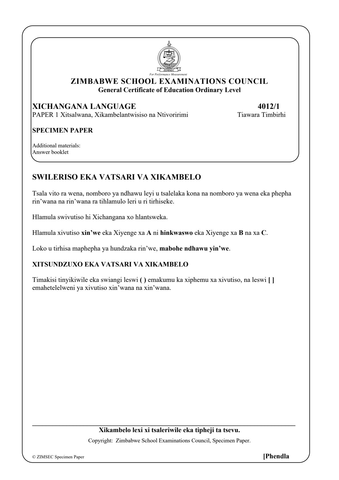 First page of ZIMSEC O-Level Xichangana Language Paper 1 Specimen Question Paper