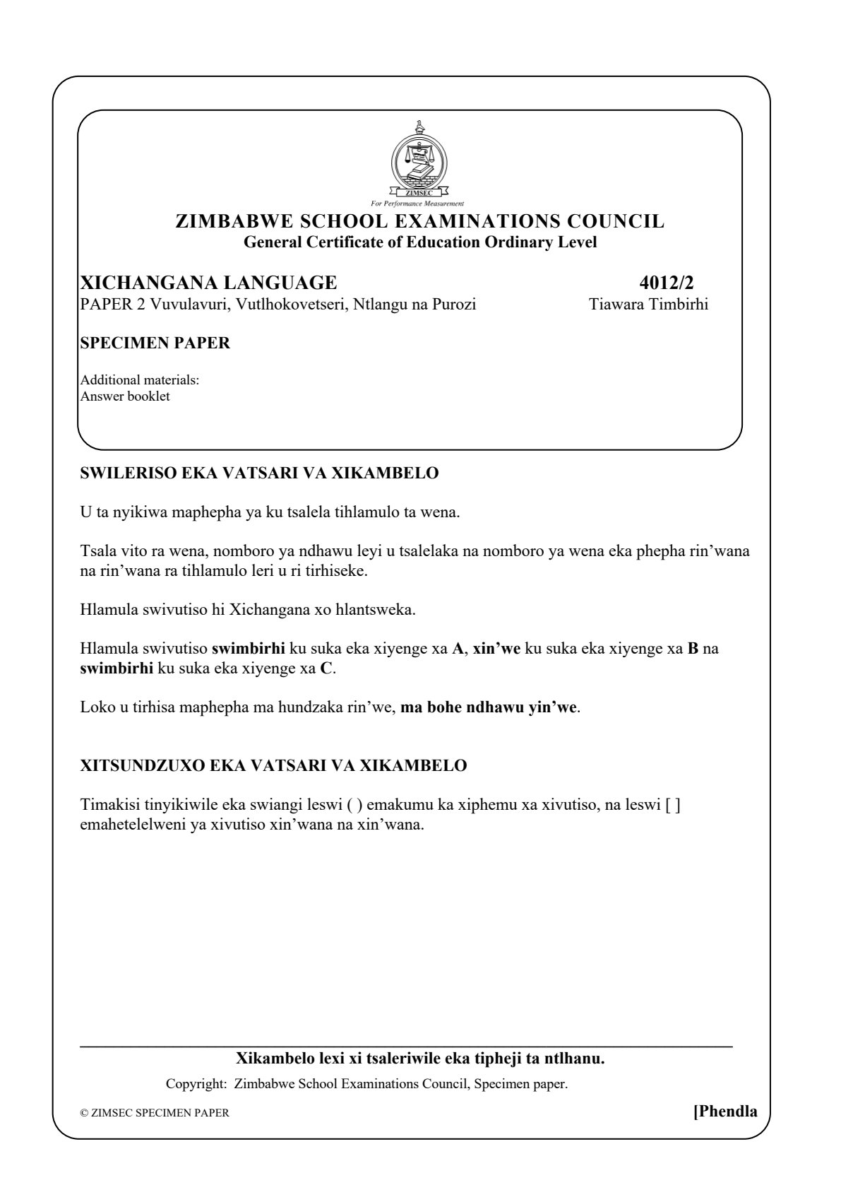First page of ZIMSEC O-Level Xichangana Language Paper 2 Question Paper