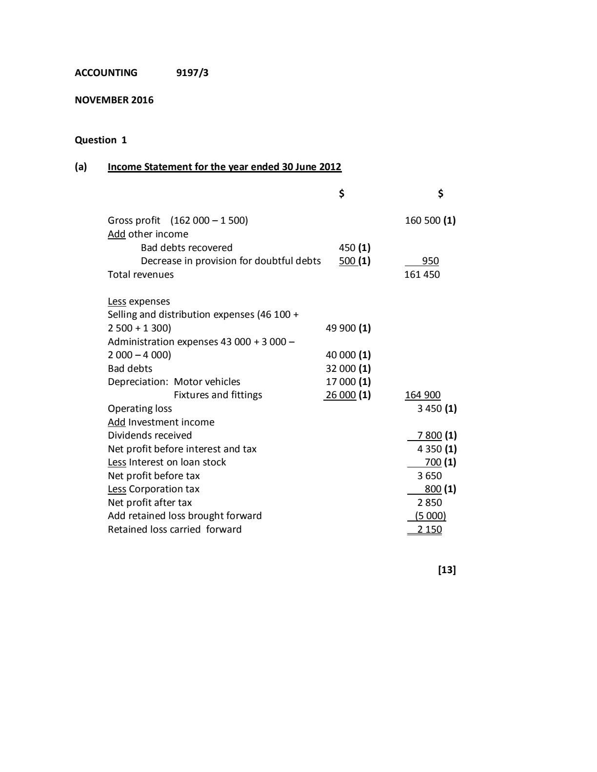 First page of ZIMSEC Principles of Accounts Paper 3 November 2016 Marking Scheme