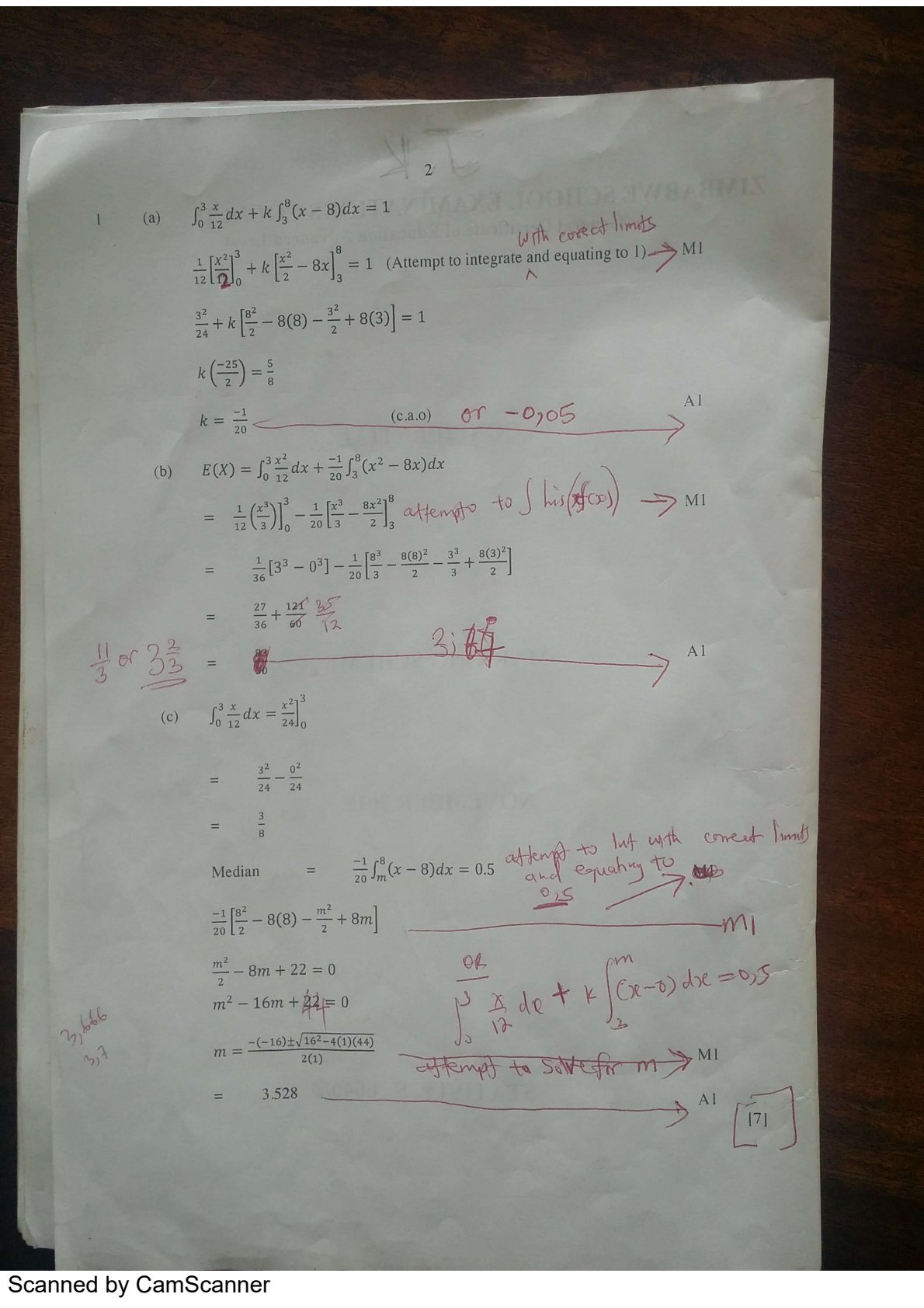 First page of ZIMSEC Secondary Statistics Paper 2 2019 Marking Scheme