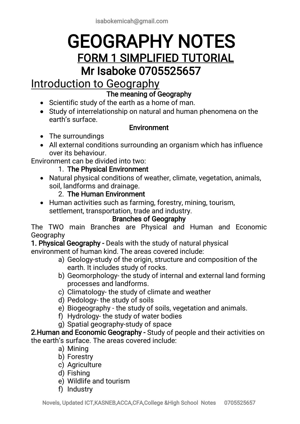 First page of ZJC Geography Introduction to Geography Notes Zimbabwe