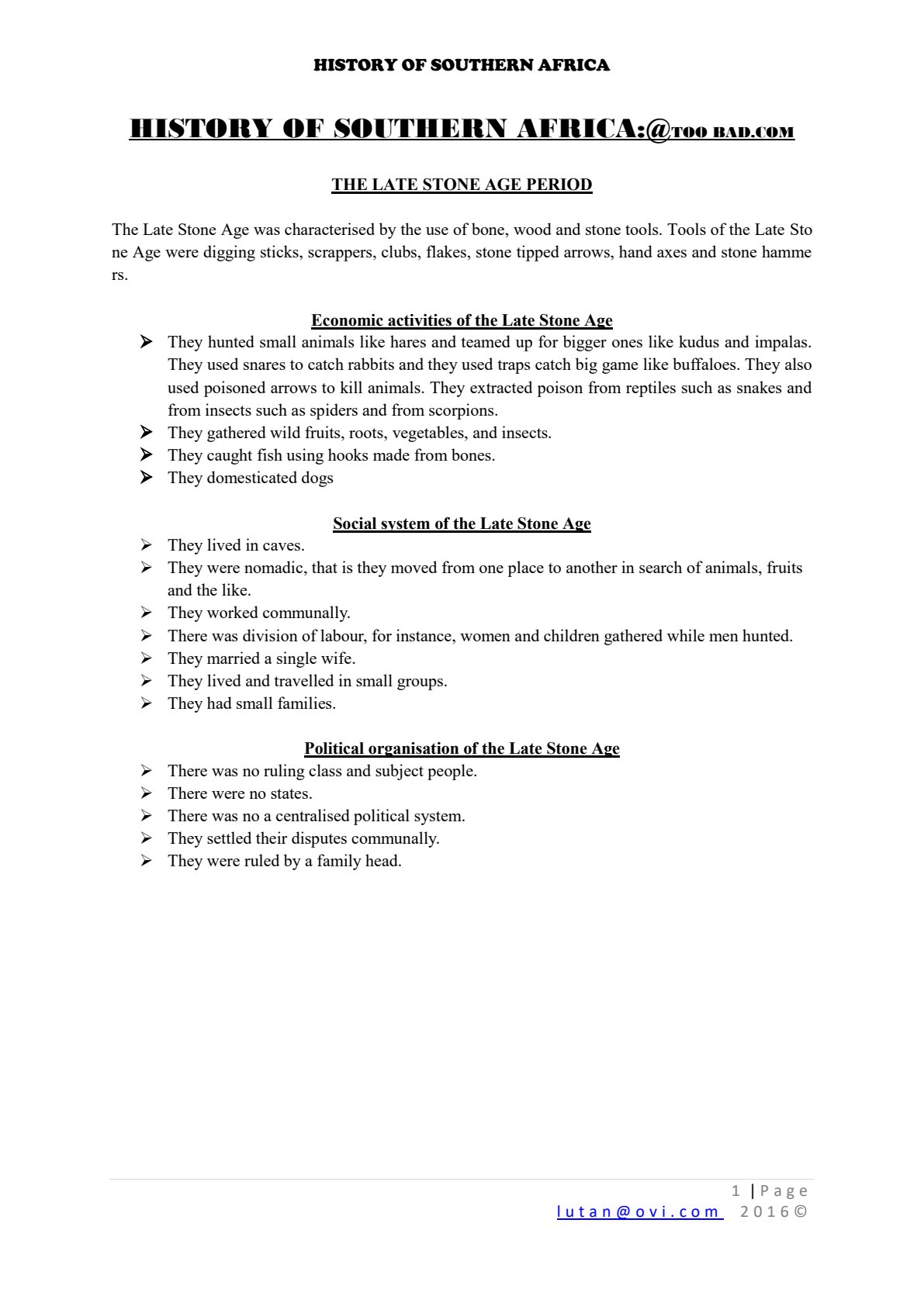 First page of ZJC History Late Stone Age Notes Zimbabwe
