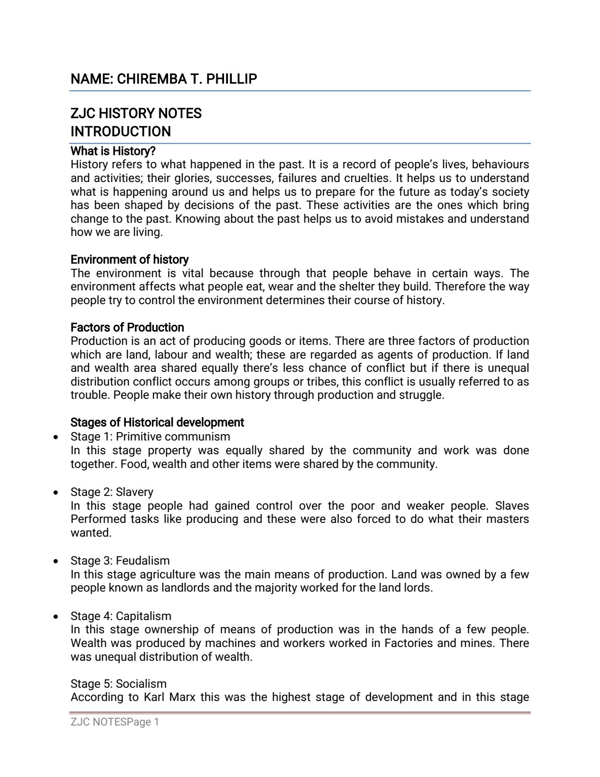First page of ZJC History Notes Zimbabwe